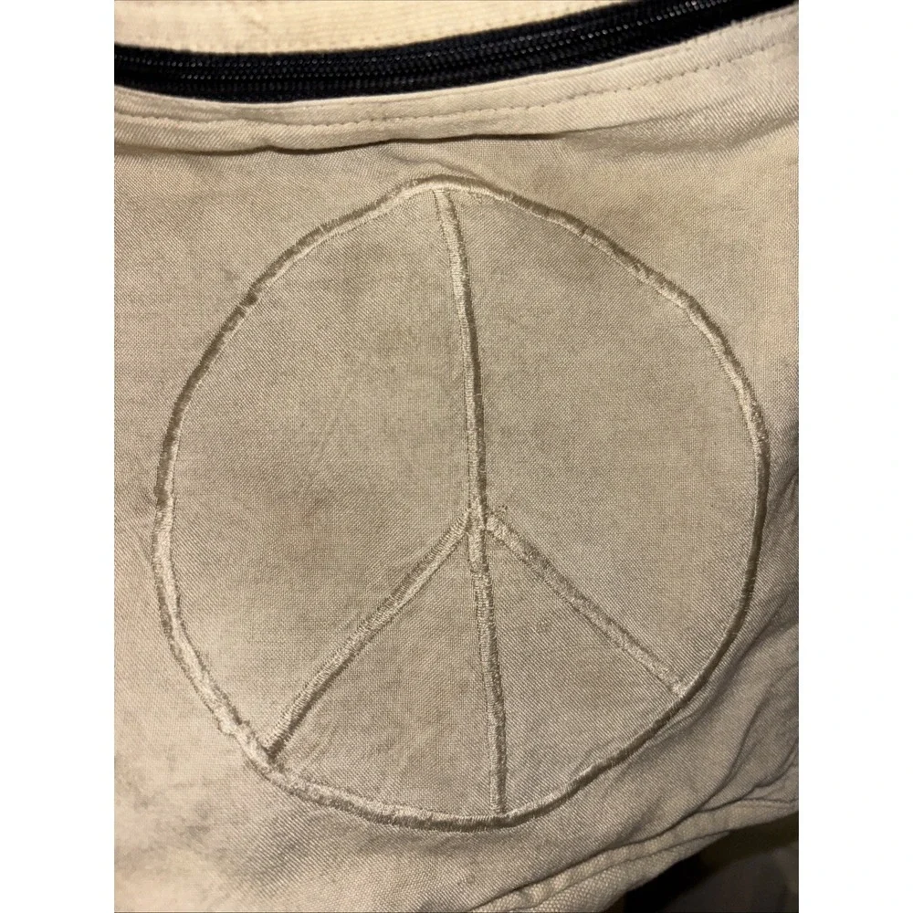 Flying High Foot Path Trading Co Messenger Bag Zip Beige Peace Sign Embroidery